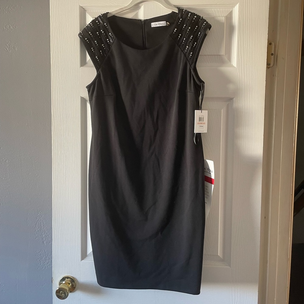 NWT. Calvin Klein Cap Sleeve Embellished Sheath Dress.